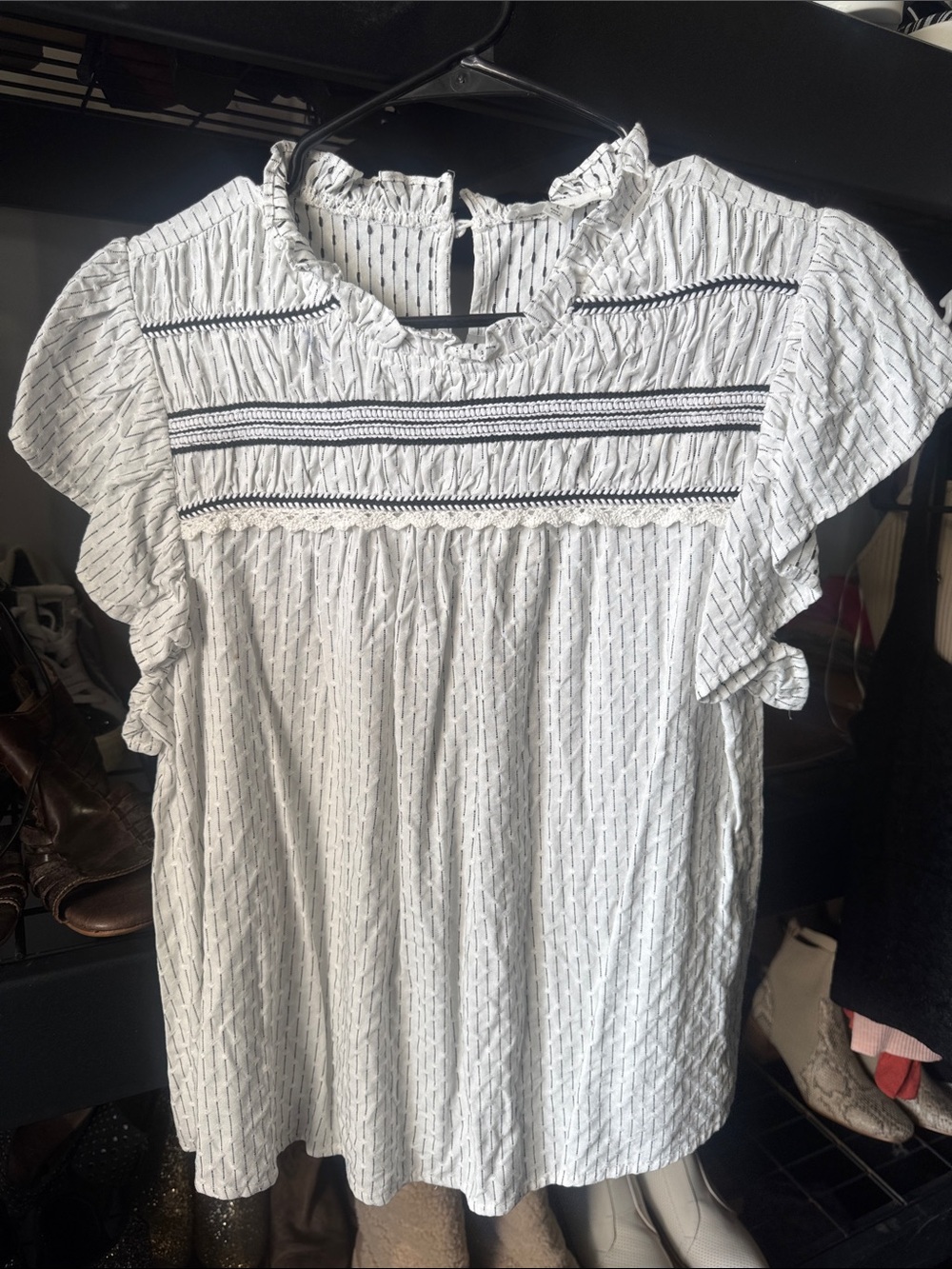mine White Ruffled Smocked Short Sleeve Blouse with Black Trim